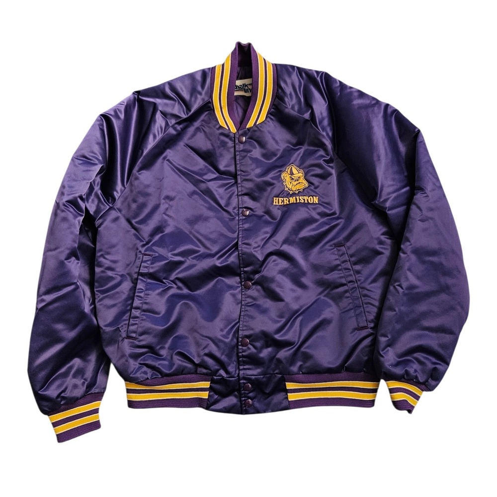 Vintage Chalk LINE Hermiston Bulldogs Jacket Bomber Satin Purple Oregon Size L